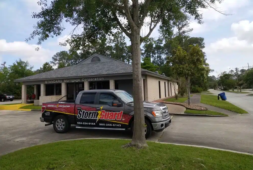 Stormguard truck parked for commercial repair service in slidell LA