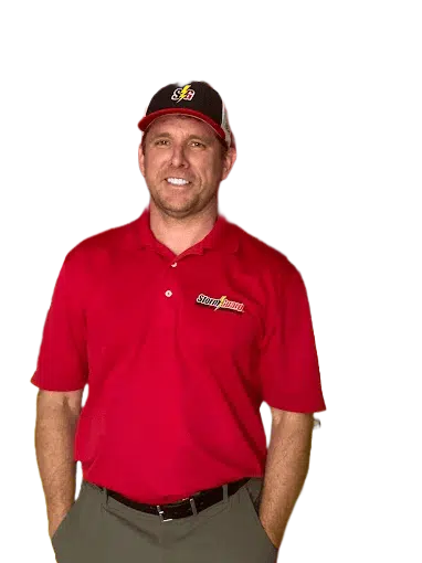 Storm Guard representative wearing a red Storm Guard shirt